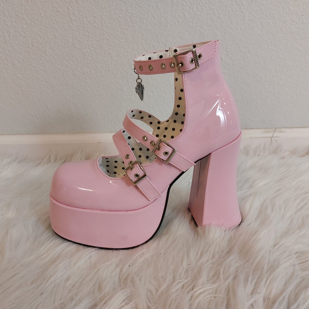 Sheep Puff EGL Lolita Fashion Pink Pastel Goth 3 Buckle Platform Heels Size 8